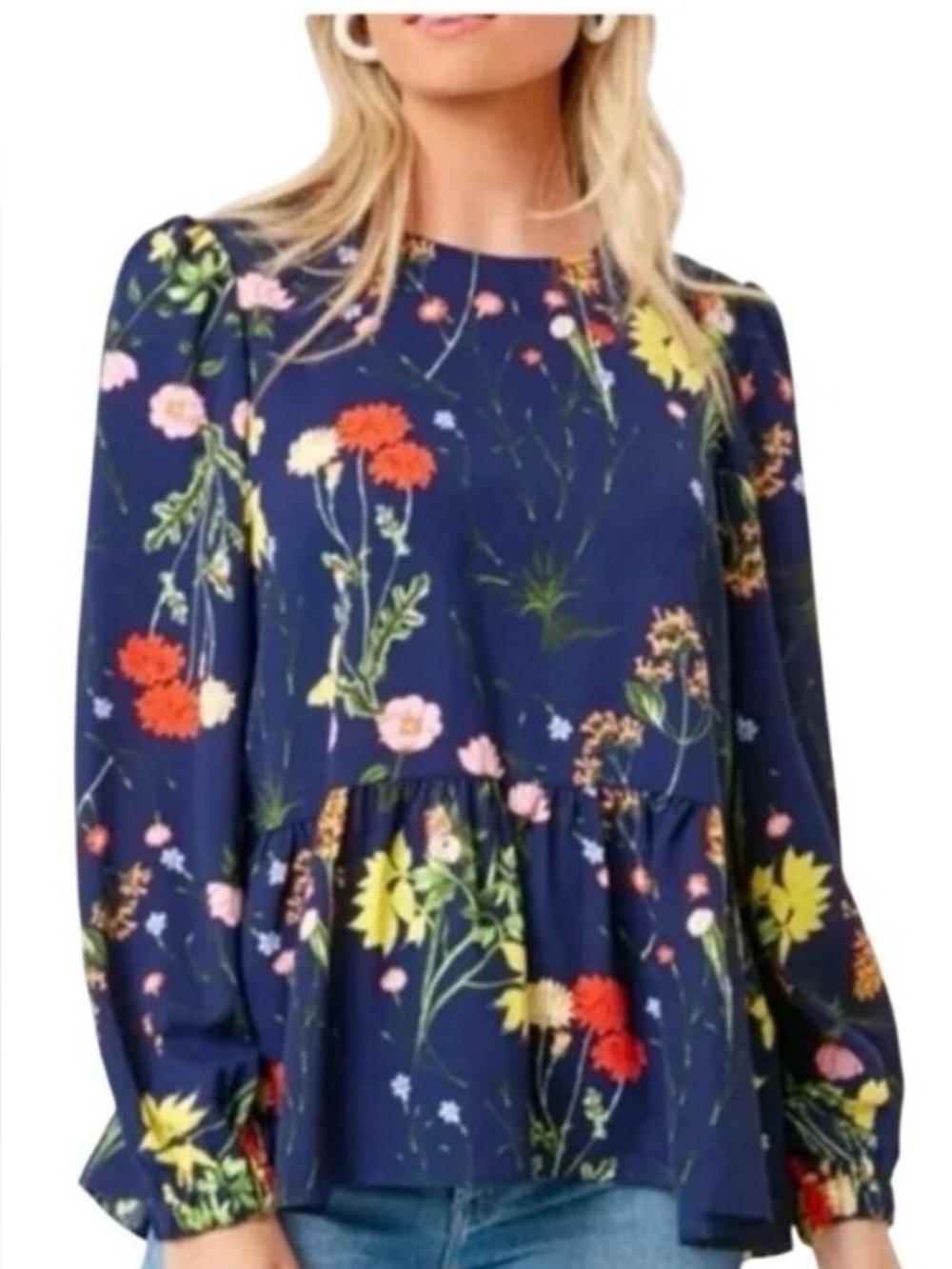 Pomander Place Women’s Navy Floral Peplum Top - Navy with Multicolor Flowers